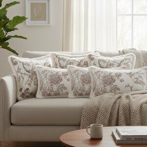 SOGA 6PC Pillowcase Set – 4x 45cm Vintage Floral Fur Trim & 2x 30x50cm Taupe